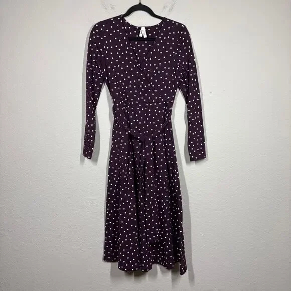 Pact Medium Fit & Flare Faux Wrap Dress Purple Polka Dot Belted Long Sleeves - Picture 2 of 11